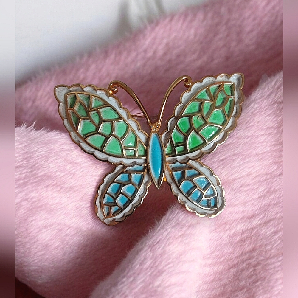 JJ Jonette Gold Tone White Green & Blue Enamel Butterfly Brooch